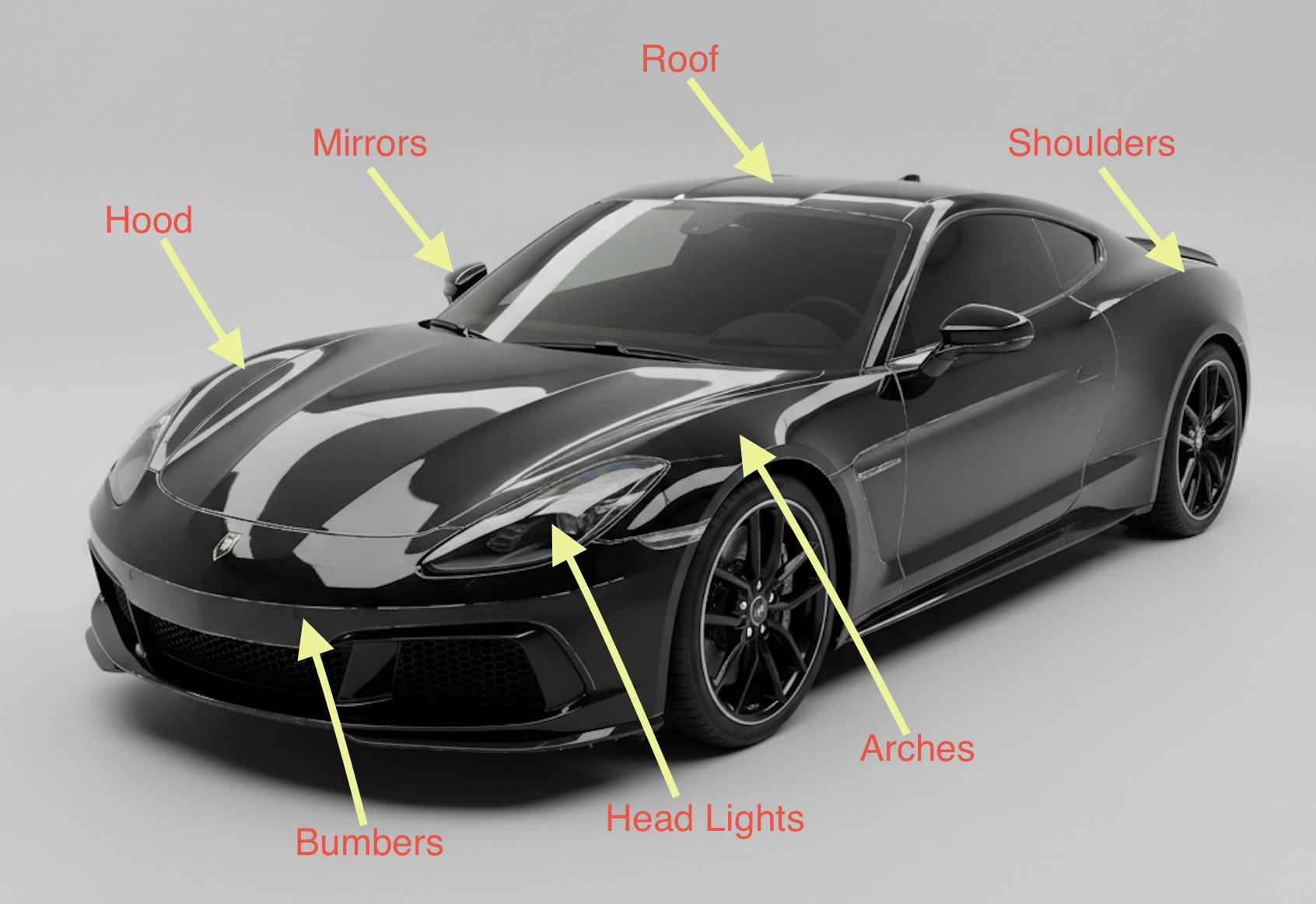 PPF Coverage Areas - Hood, Mirrors, Roof, Shoulders, Bumpers, Head Lights, Arches