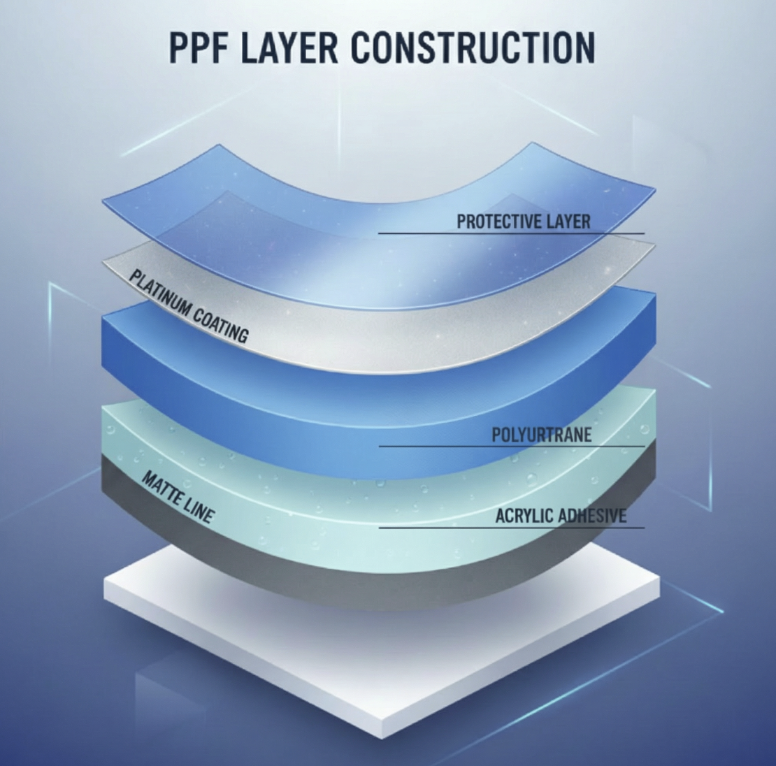 PPF Layer Construction - Protective Layer, Platinum Coating, Polyurethane, Matte Line, Acrylic Adhesive